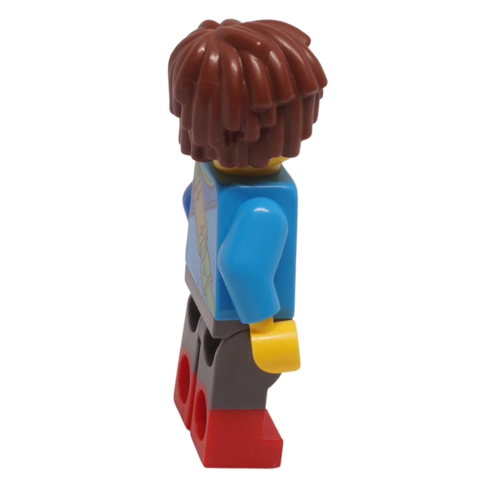 LEGO Mateo minifigure drm041 in a dark azure robe with a green hourglass belt and red boots, side view.