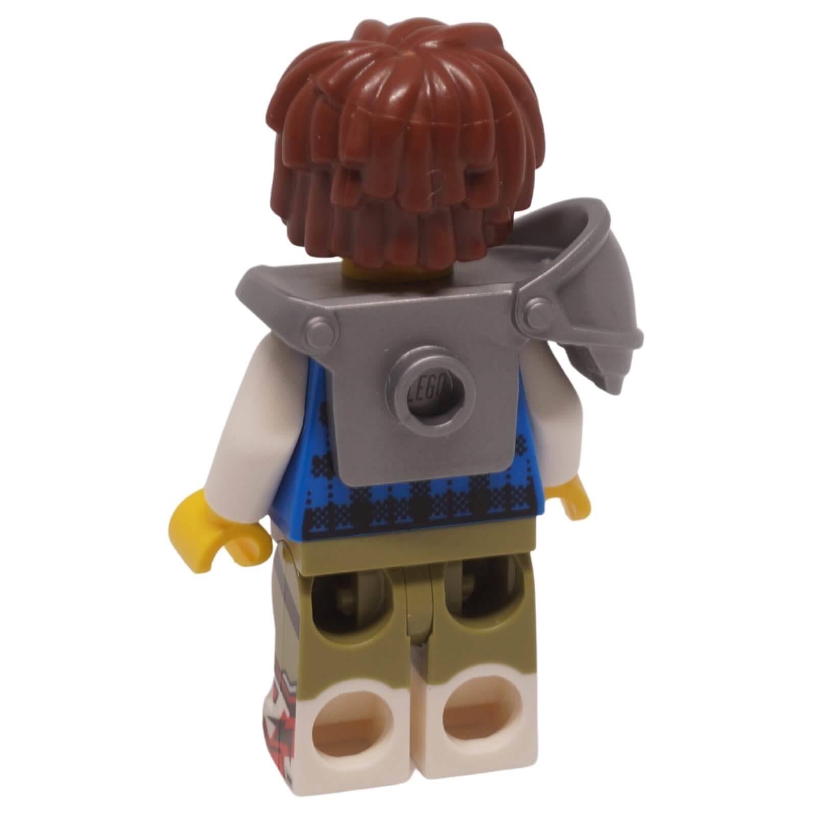 LEGO Mateo minifigure drm062 with Z-Blob graphic shirt, silver shoulder armor, and lime-streaked hair, back view.