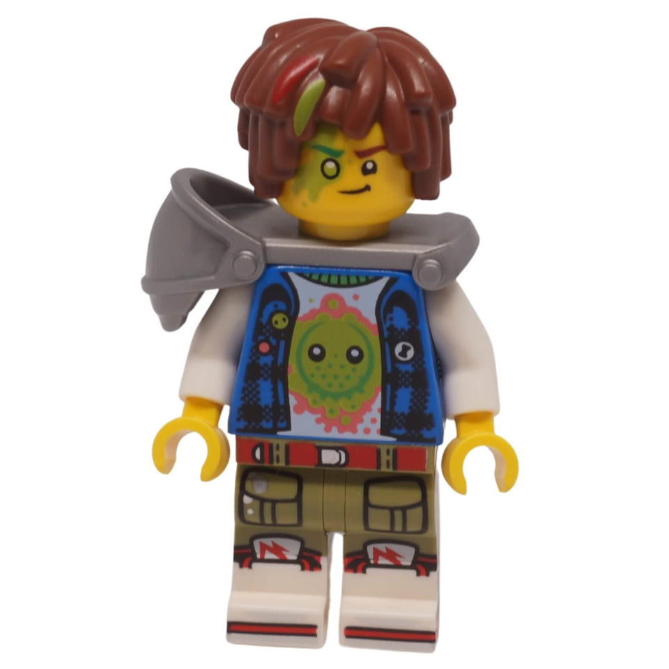 LEGO Mateo minifigure drm062 with Z-Blob graphic shirt, silver shoulder armor, and lime-streaked hair with serious expression.