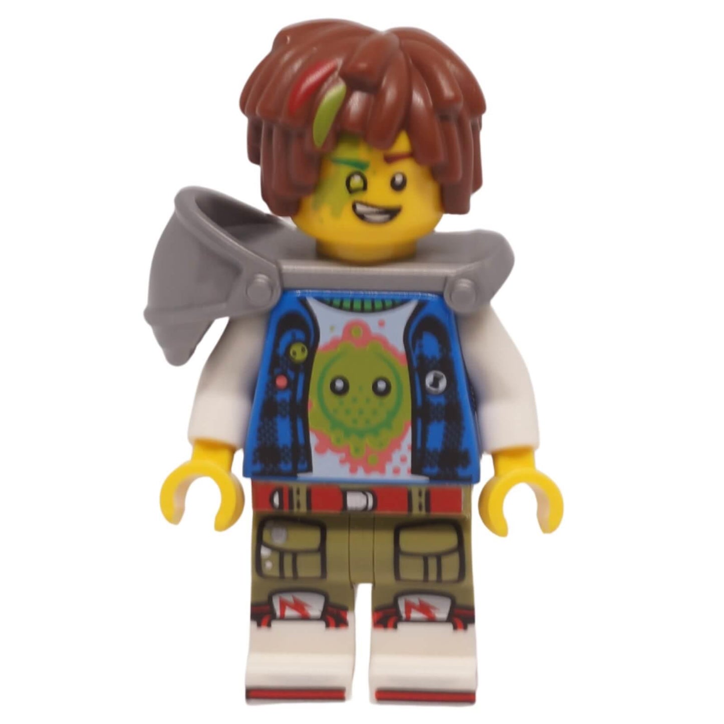 LEGO Mateo minifigure drm062 with Z-Blob graphic shirt,siling, silver shoulder armor, and lime-streaked .