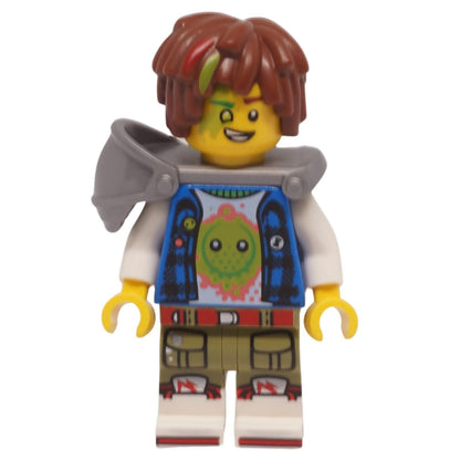 LEGO Mateo minifigure drm062 with Z-Blob graphic shirt,siling, silver shoulder armor, and lime-streaked .