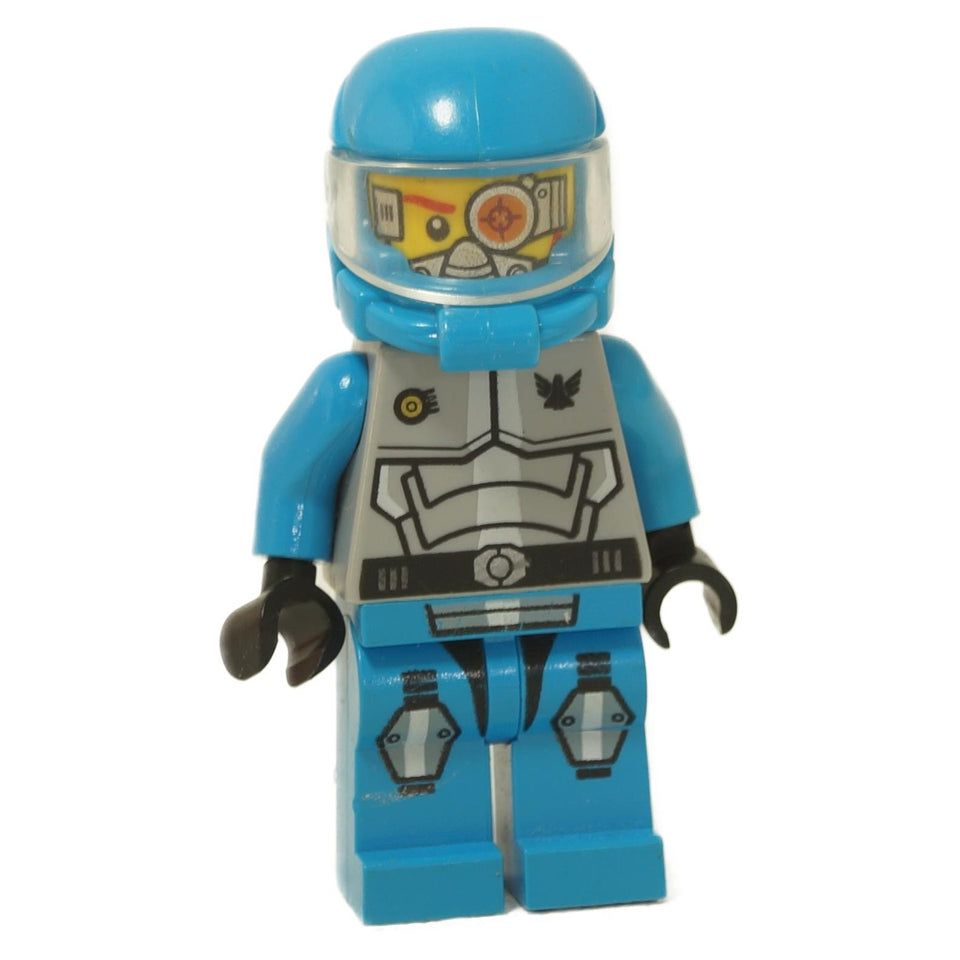 A LEGO minifigure named Max Solarflare in a blue space suit with a transparent helmet visor and cybernetic face details.