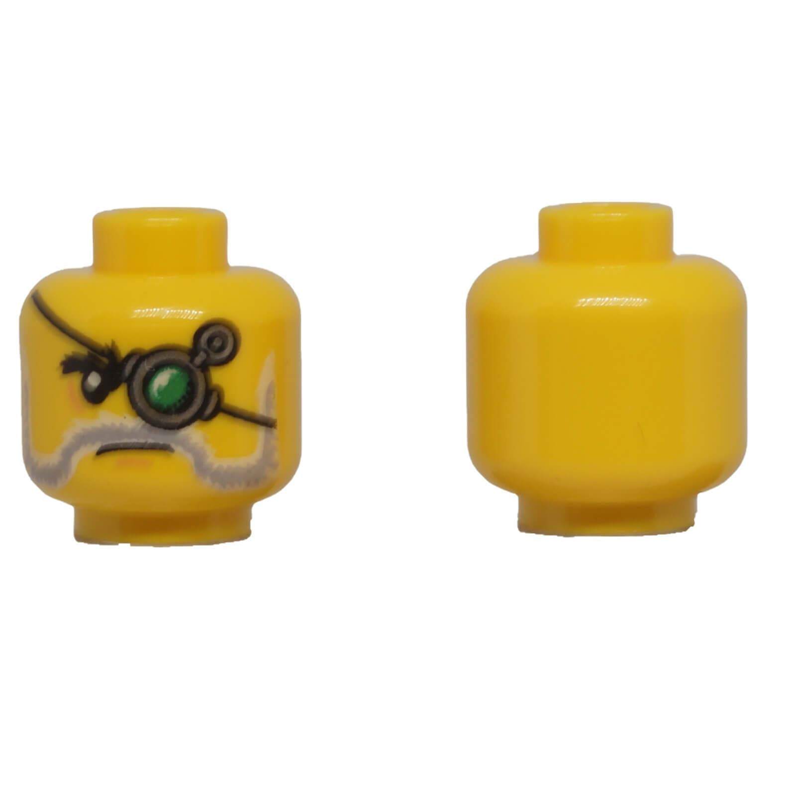 Yellow LEGO minifigure head with mechanical left eye, gray beard and moustache shown from front and back