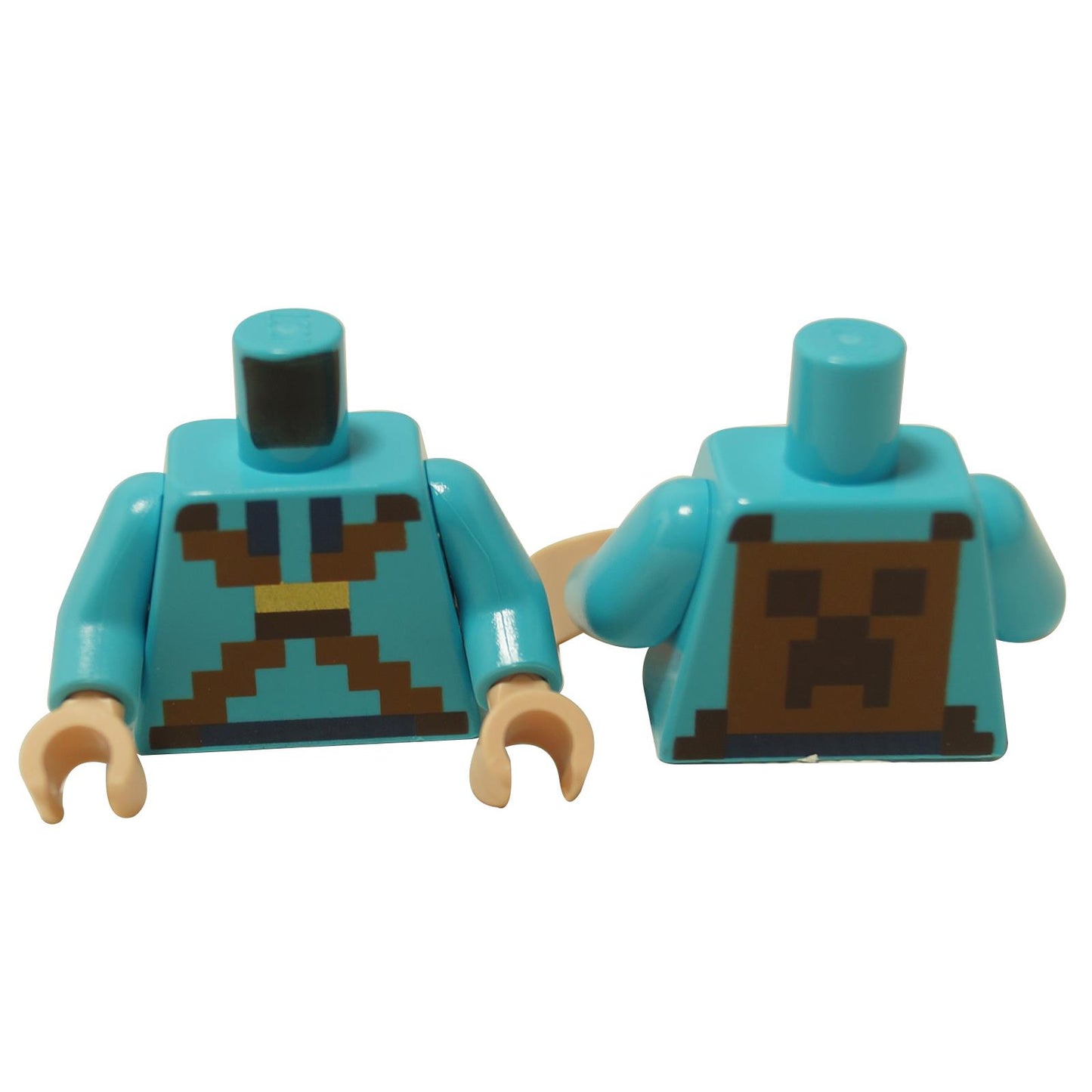 Medium azure minifigure torso with pixelated hoodie and crossed straps, creeper face backpack print, front and back view
