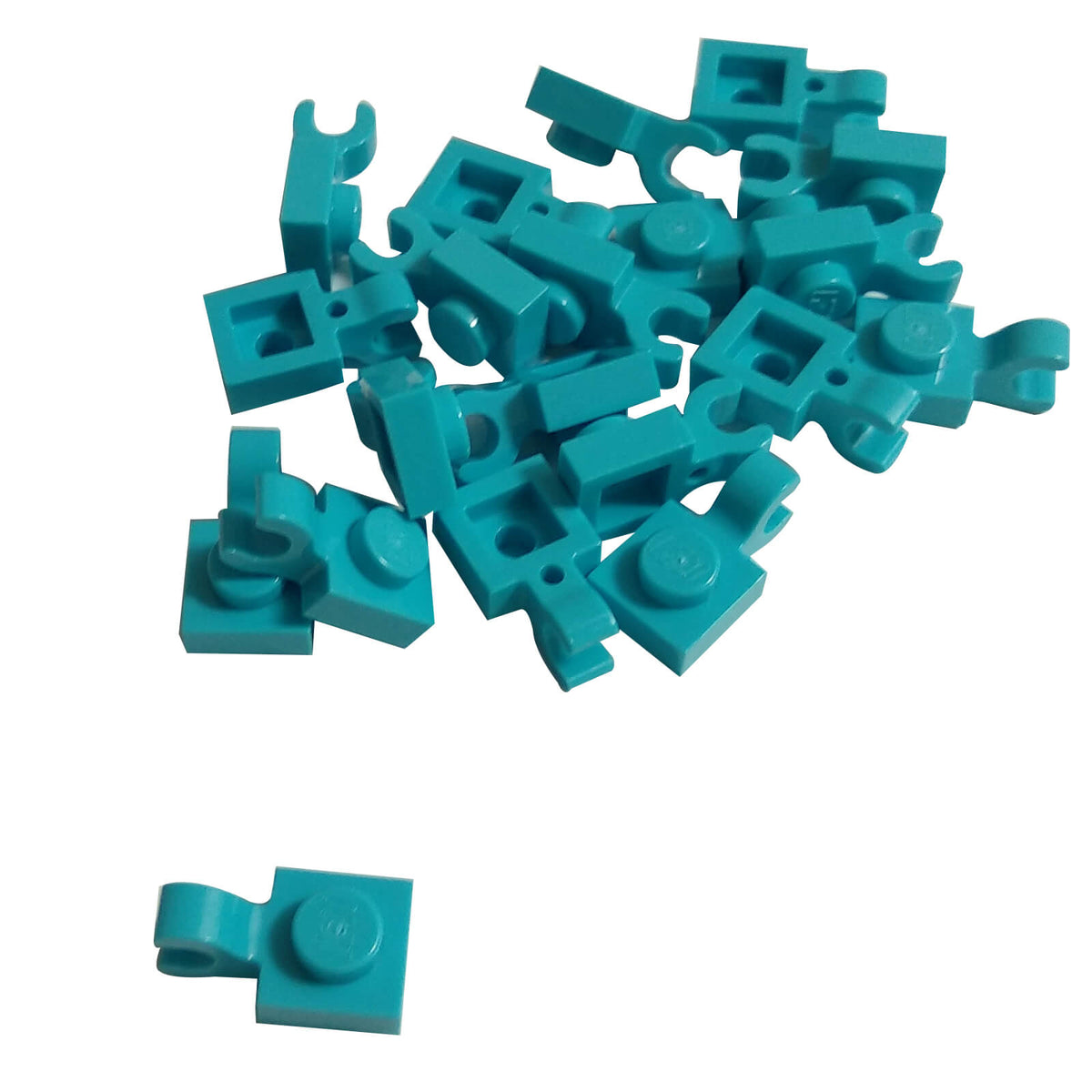 Medium Azure LEGO® modified plate 1 x 1 part 61252 shown from two angles with single stud and open horizontal O clip