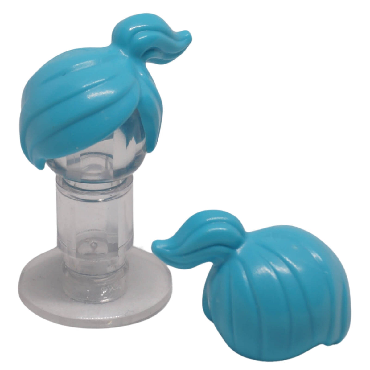 Medium azure LEGO® female ponytail hair piece 15427 shown front and back with off-centre swept fringe, layered strands and curved ponytail