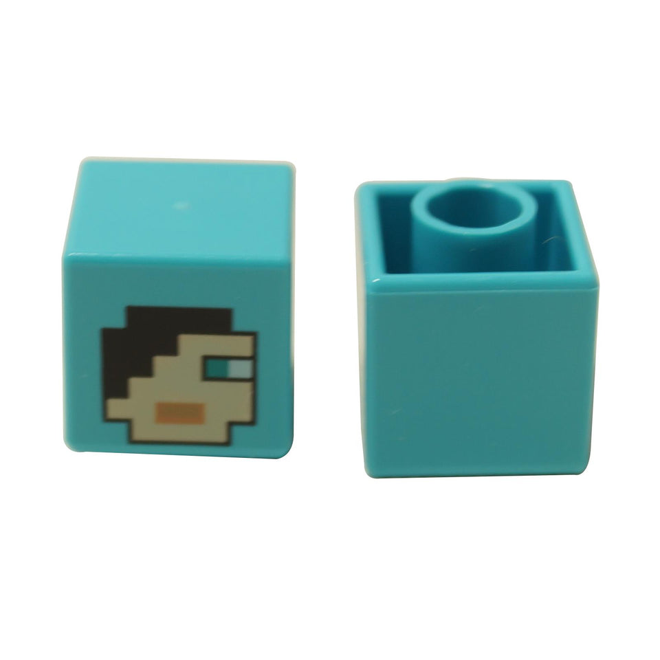 Medium azure pixelated cube minifigure head with face print and square eye detail, Minecraft-style.
``
