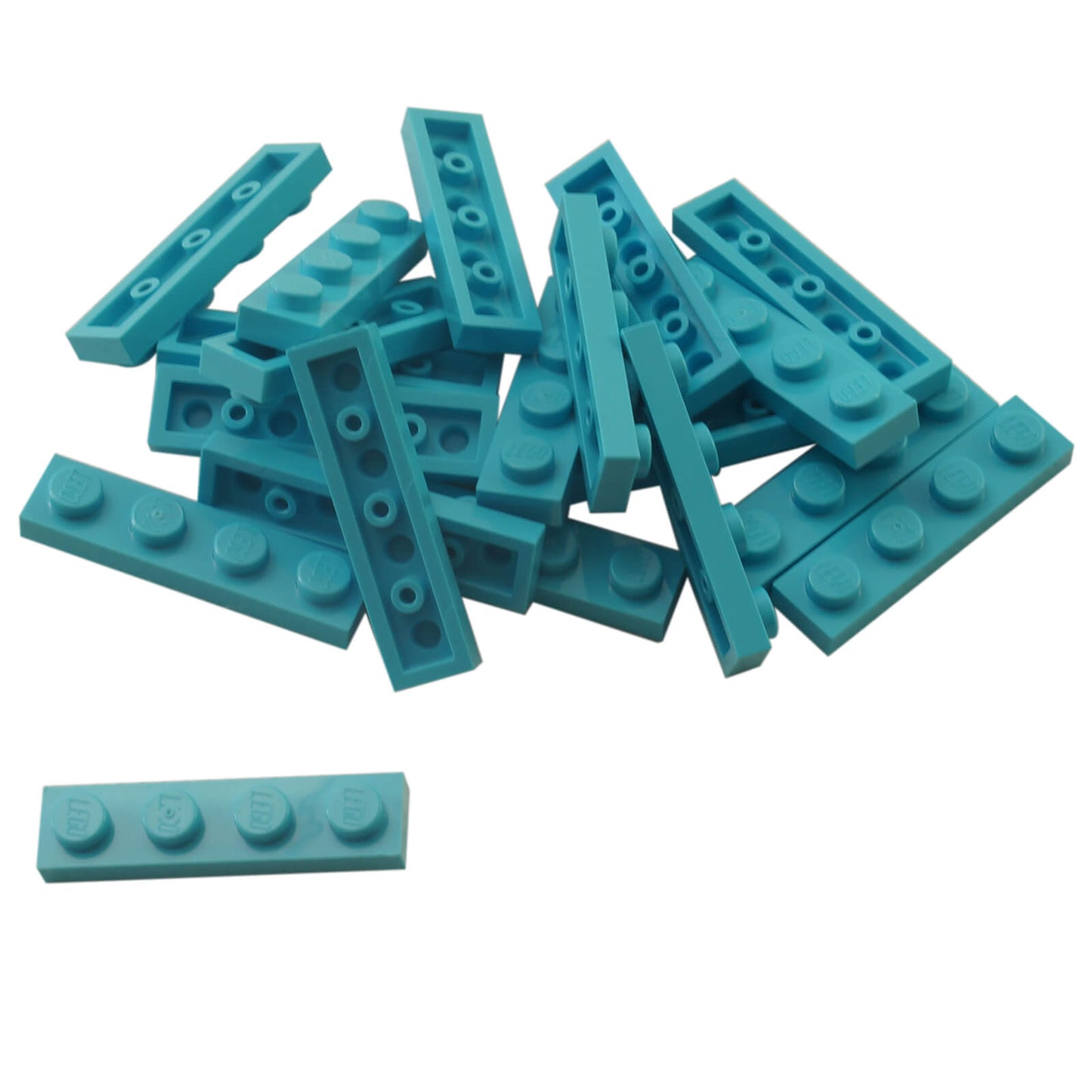 Medium azure 1x4 plate building piece with four studs for detailed minifigure scale builds
