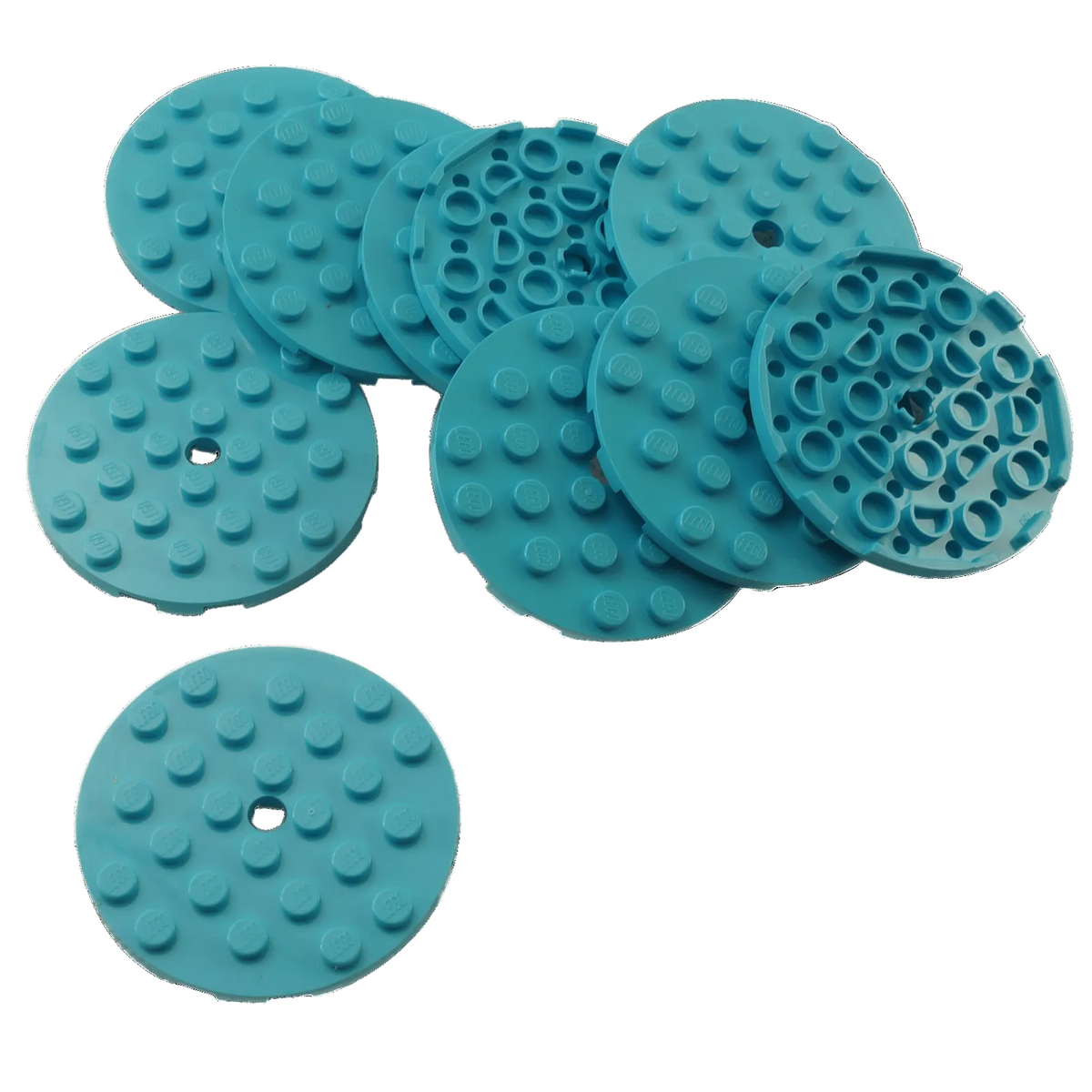 medium azure LEGO® Round Plate 6 x 6 part 11213 shown from the top and underside with studs and a central hole