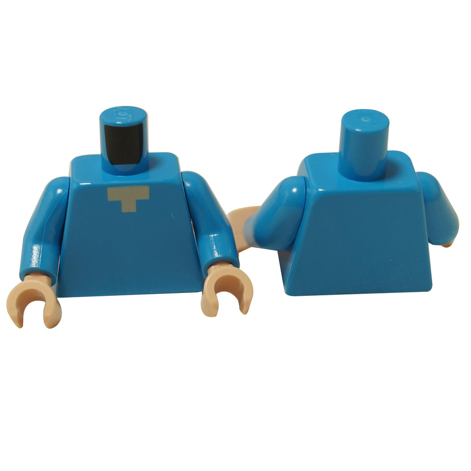 Medium azure minifigure torso with pixelated nougat neck pattern, front and back view.
