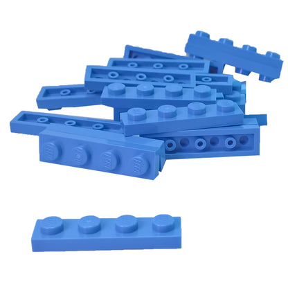 Medium blue 1x4 plate building piece with four studs for detailed minifigure scale builds

