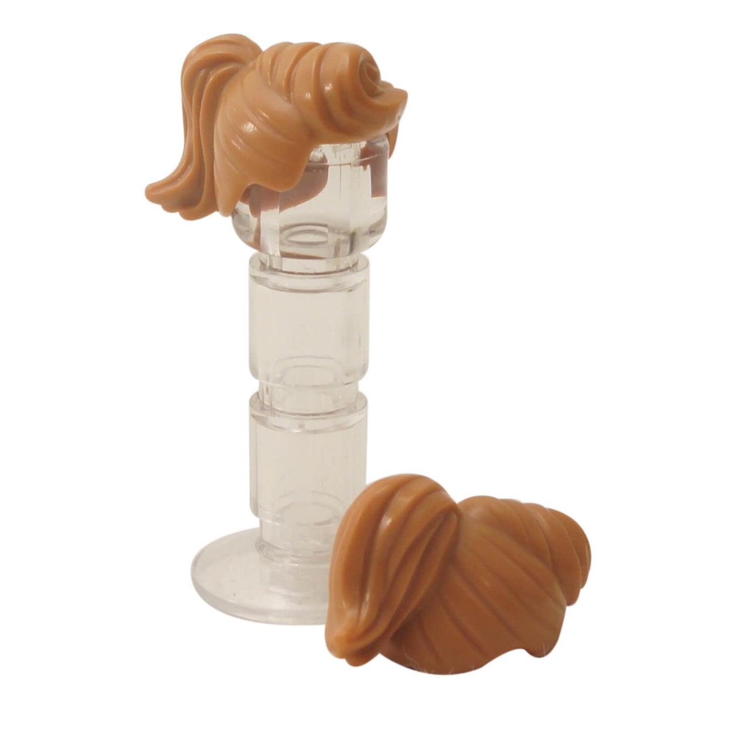 Medium nougat female minifigure hair with ponytail and fringe, smooth molded hairstyle for modern characters
