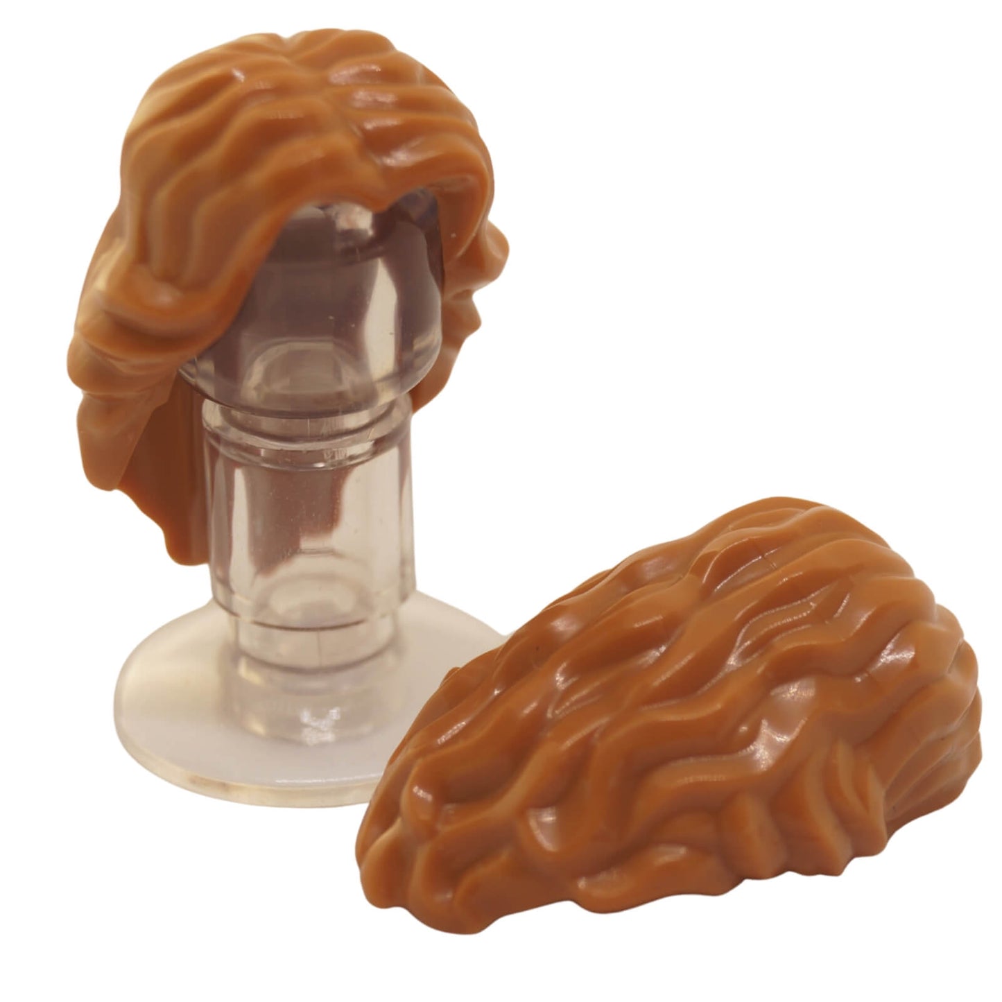 Medium nougat LEGO® female minifigure hair, mid-length wavy style with center part (part 90396)
