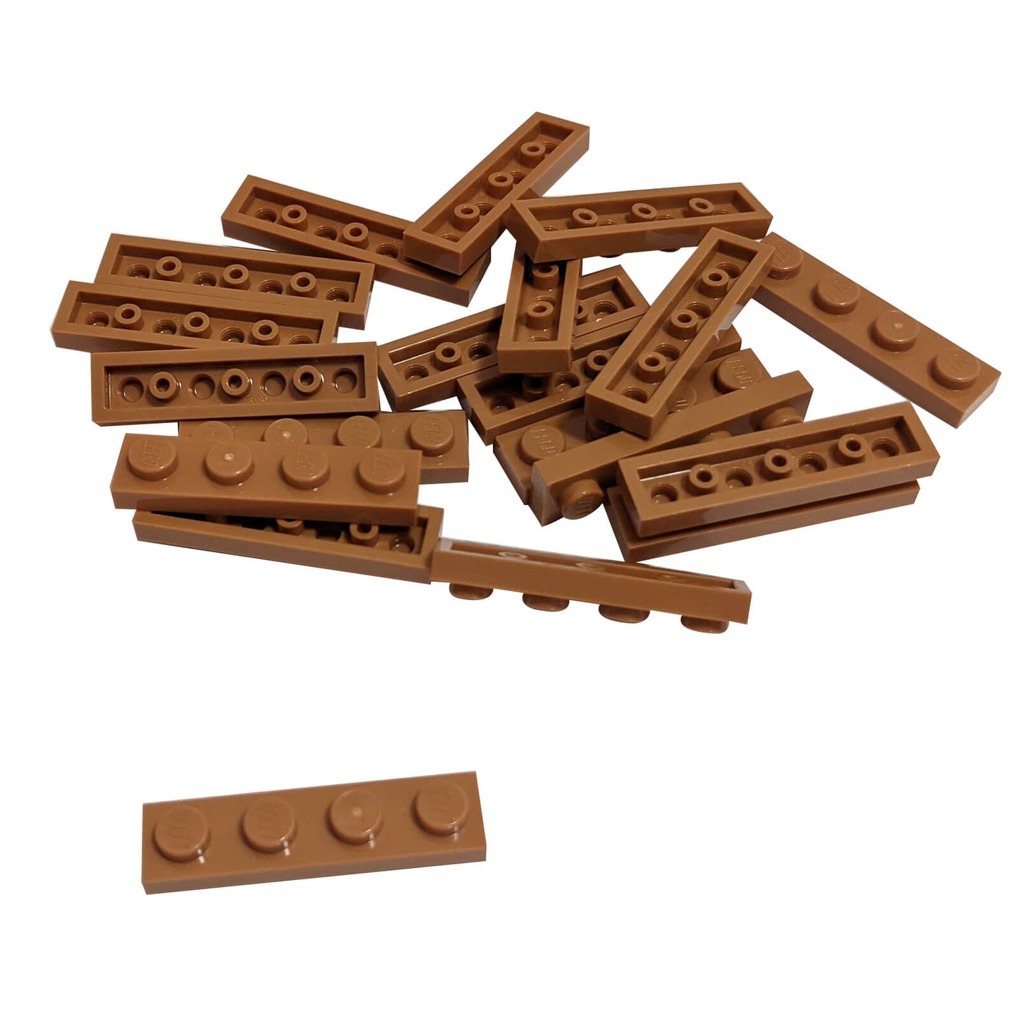 Medium nougat 1x4 plate building piece with four studs for detailed minifigure scale builds

