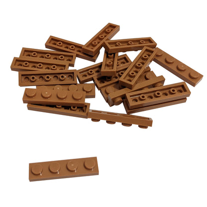 Medium nougat 1x4 plate building piece with four studs for detailed minifigure scale builds
