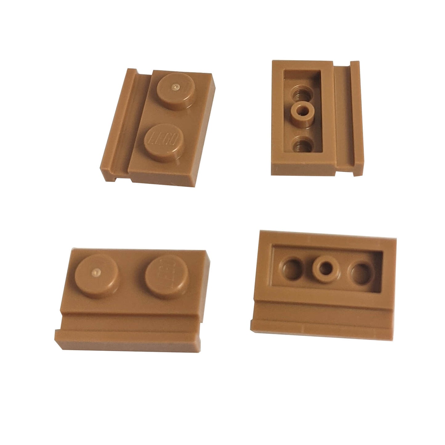 Medium nougat modified Plate 1 x 2 with door rail for sliding doors, track guides, and compact wall builds

