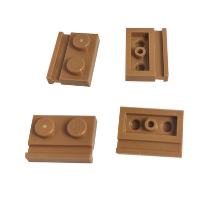 Medium nougat modified Plate 1 x 2 with door rail for sliding doors, track guides, and compact wall builds
