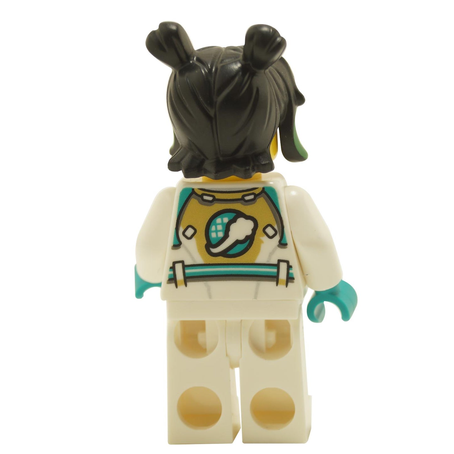 Back view of LEGO® Mei minifigure mk084 showing white space suit with teal technical details and black hair with green highlights styled in two buns
