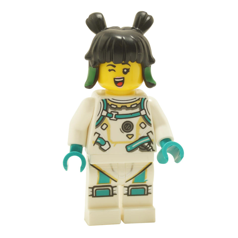 LEGO® Mei minifigure mk084 wearing white space suit with teal details, black hair in two buns with green highlights, and cheerful smiling expression
