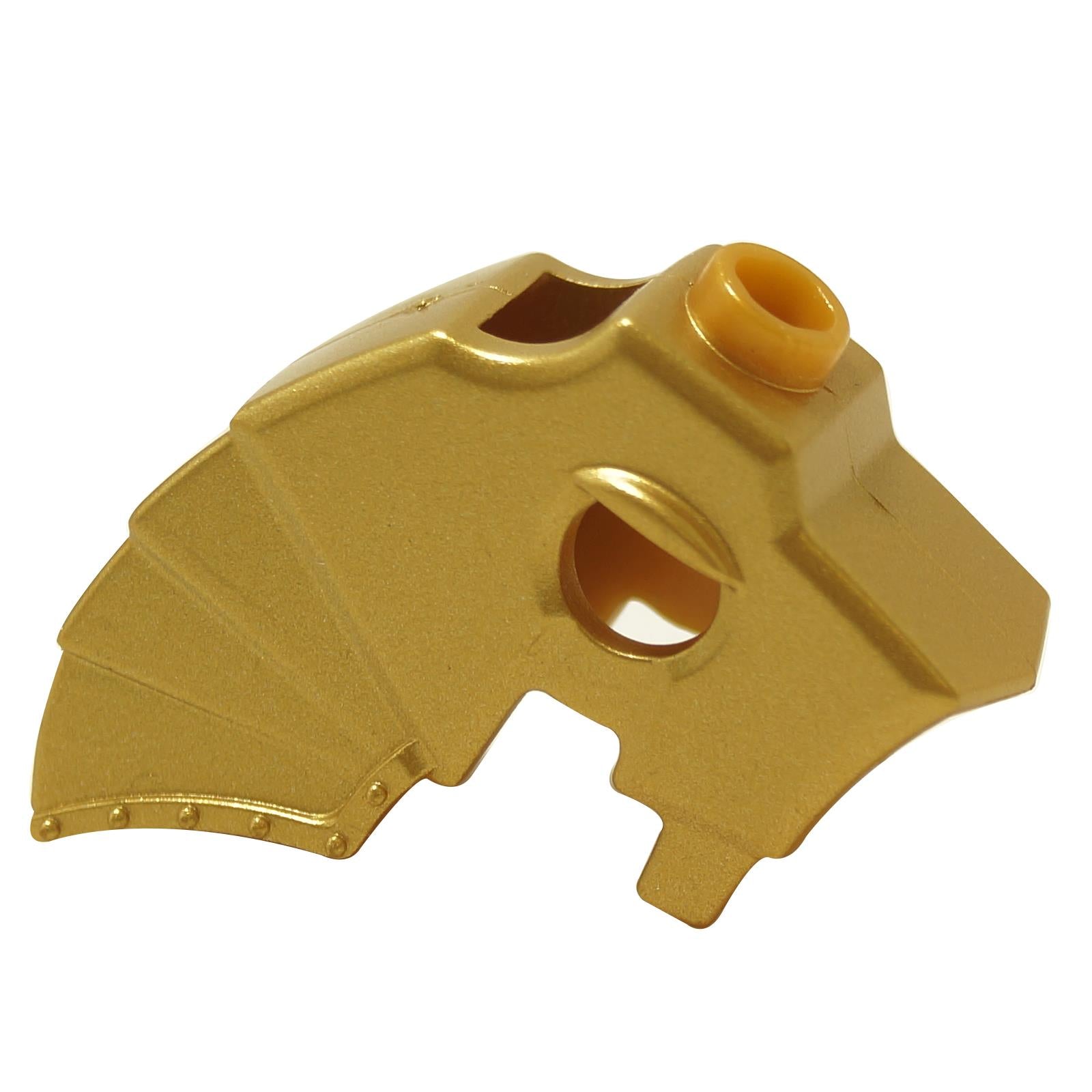 Metallic gold horse battle helmet with stud on top and three neck plates, armored headgear for mounted figures
