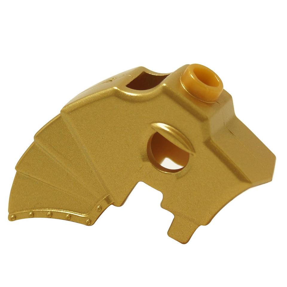 Metallic gold horse battle helmet with stud on top and three neck plates, armored headgear for mounted figures
