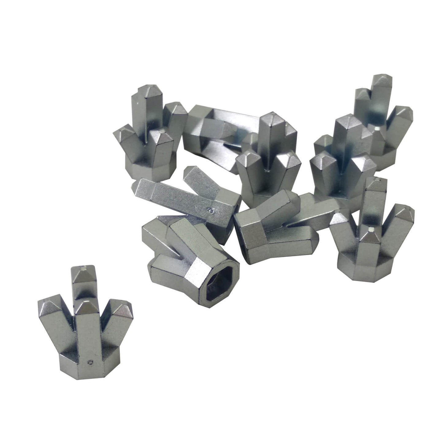 Multiple LEGO® mettalic silver Rock 1 × 1 Crystal 5 Point elements shown from various angles