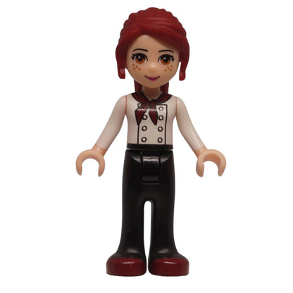 LEGO Friends Mia mini-doll frnd0050 with white top, black trousers, and freckles. From Downtown Bakery set, ideal for character collections.