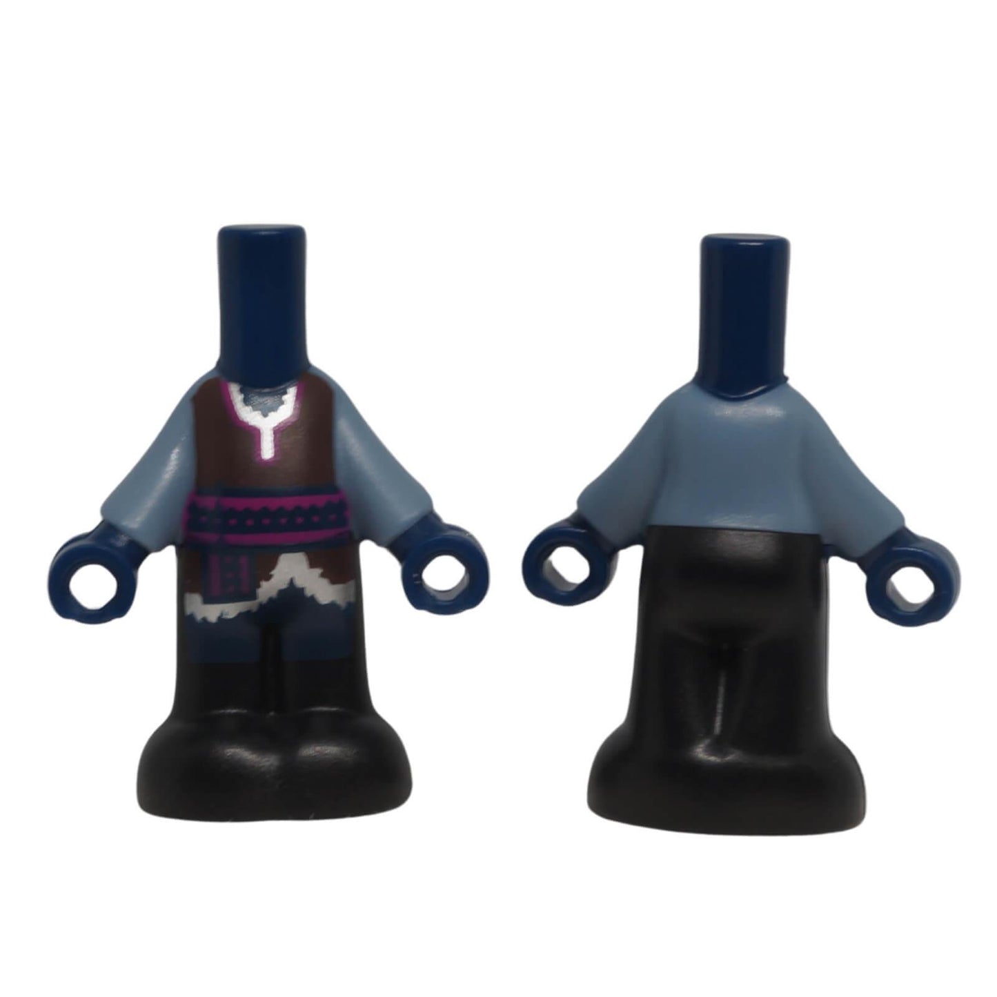 LEGO micro-doll body 65224pb016 with fur-trimmed tunic and black trousers shown front and back