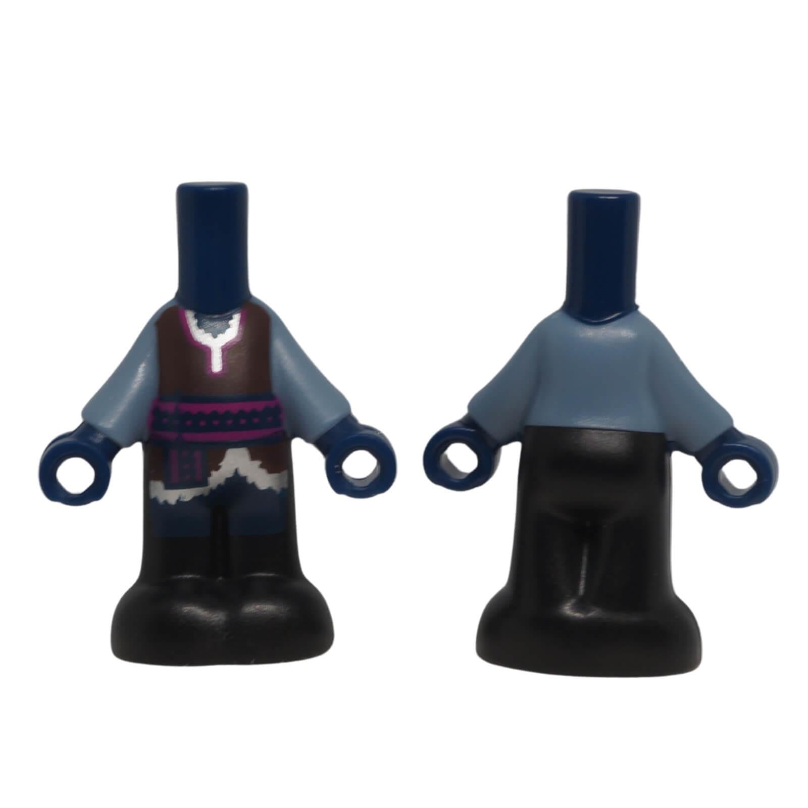 LEGO micro-doll body 65224pb016 with fur-trimmed tunic and black trousers shown front and back