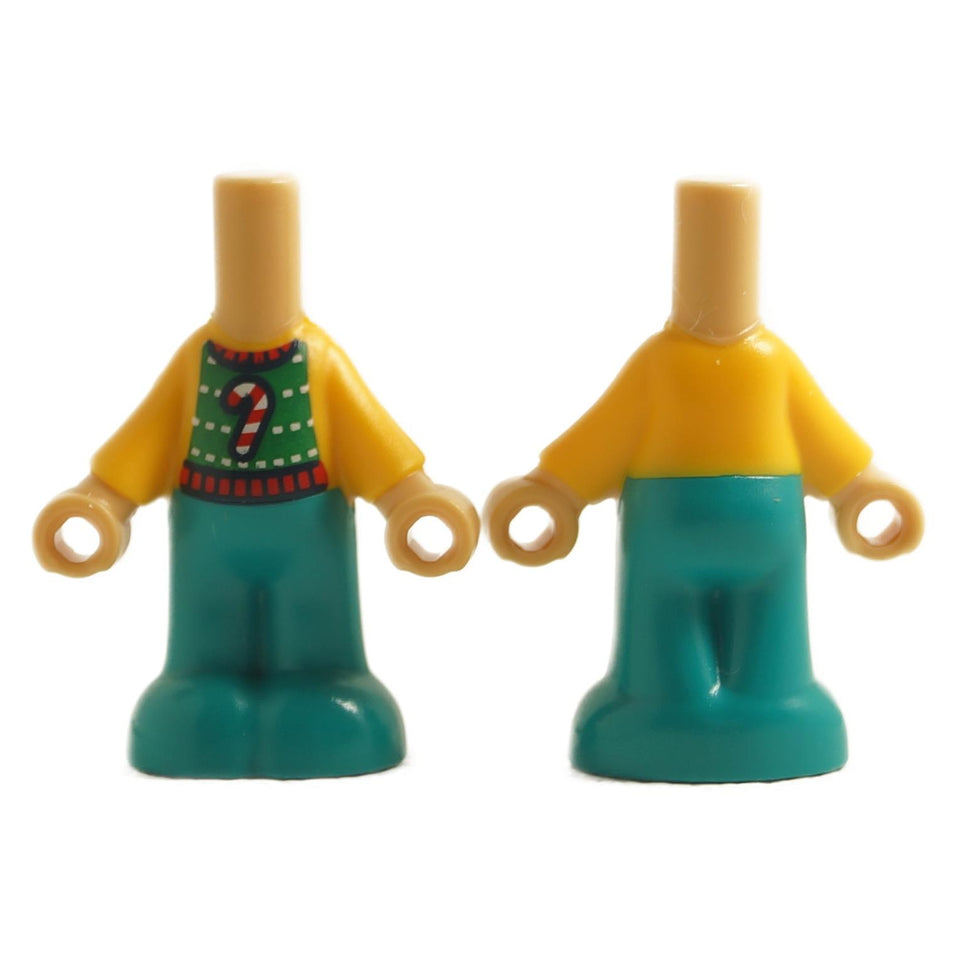 LEGO micro doll body with holiday sweater pattern, featuring a bright yellow top and green pants with a candy cane print.