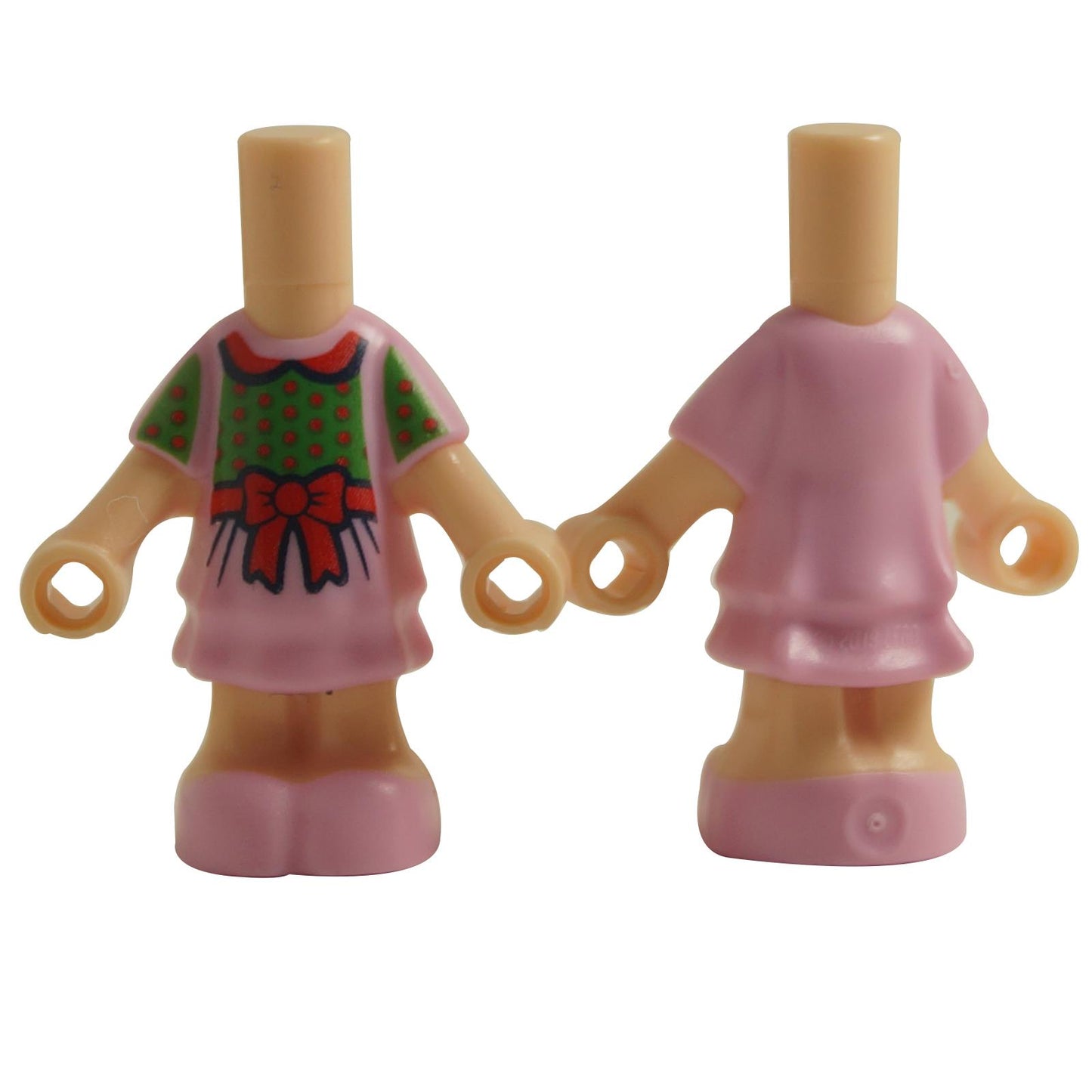 LEGO micro doll body with a bright pink short layered dress pattern, featuring a green polka-dot top and a red bow.