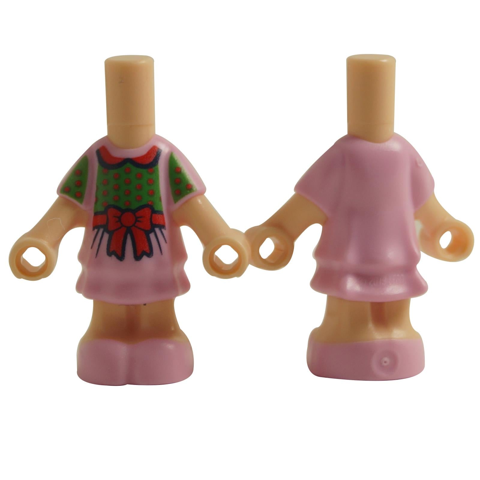 LEGO micro doll body with a bright pink short layered dress pattern, featuring a green polka-dot top and a red bow.