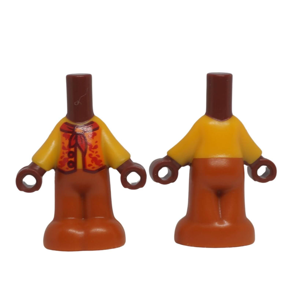 LEGO micro-doll body 65224pb009 with orange vest print and dark orange trousers shown front and back