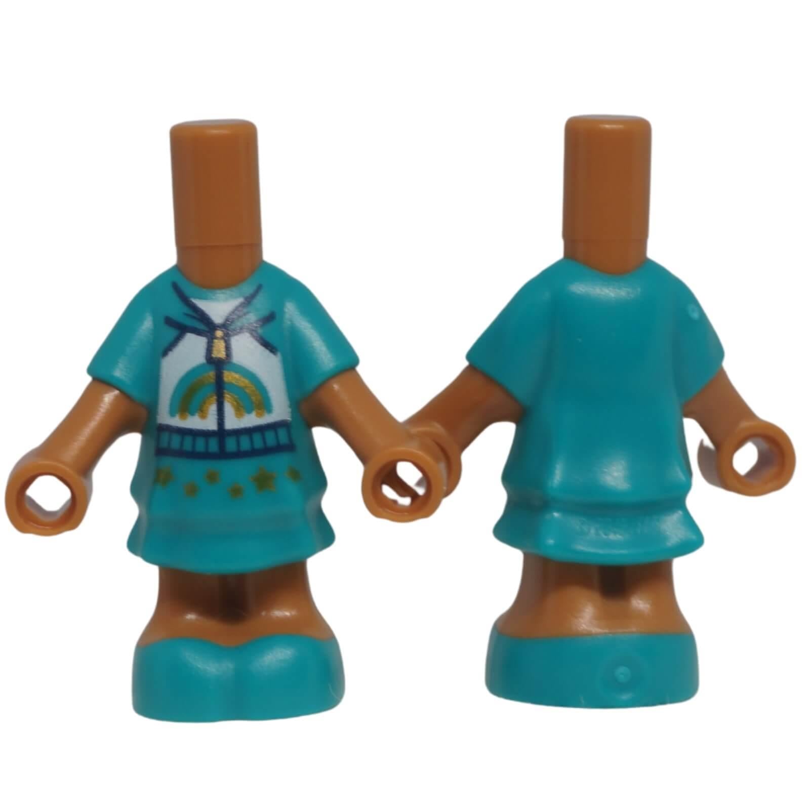 LEGO micro-doll body 69969pb11 with dark turquoise dress and rainbow hoodie print shown front and back