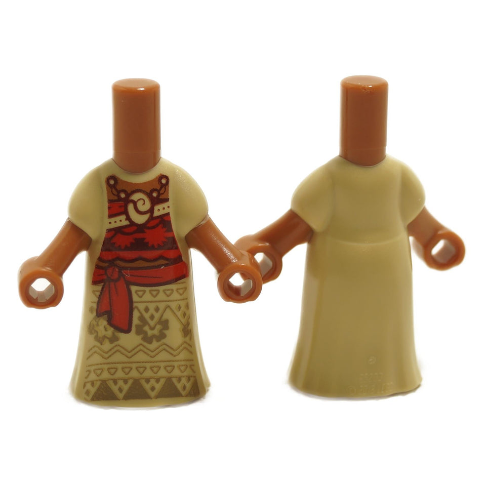 Micro doll body with molded tan dress and printed red and dark red top, featuring sash detail, pendant necklace, and patterned skirt design