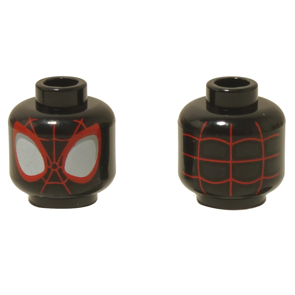 Black Spider-Man Miles Morales minifigure head with red web mask and large white eyes
