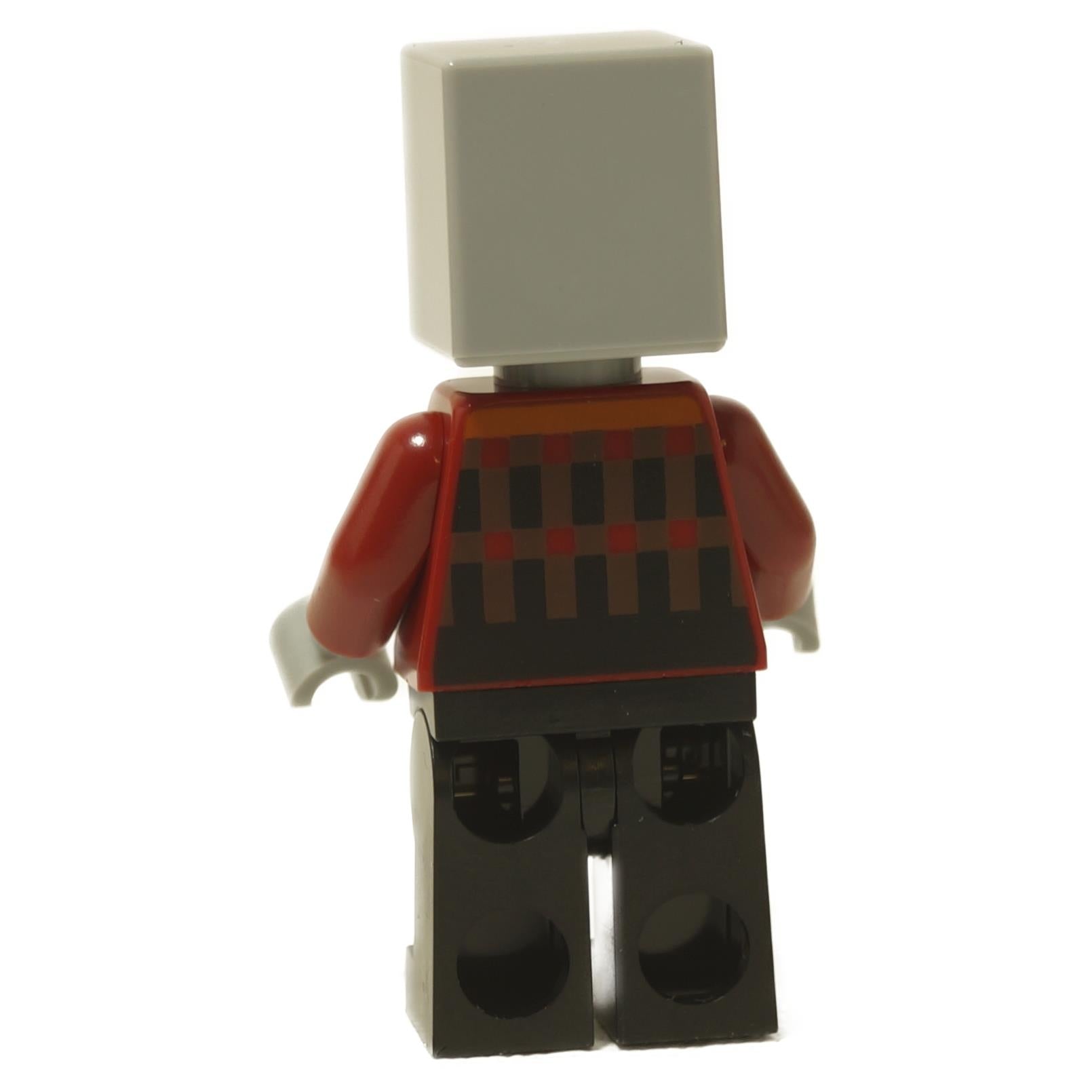 Minecraft pillager minifigure back view with red torso and black legs
