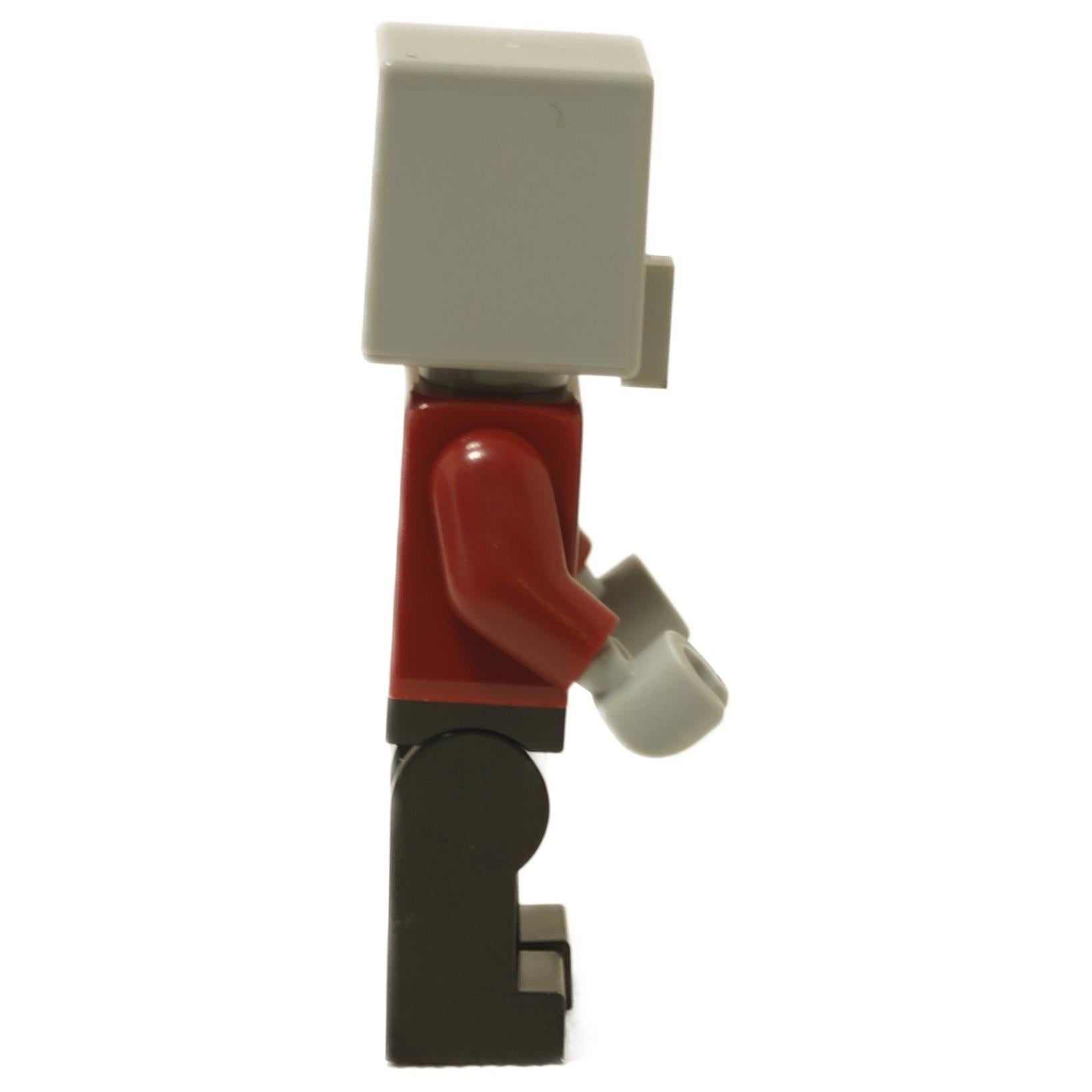 Minecraft pillager minifigure side view with gray head red torso and black legs

