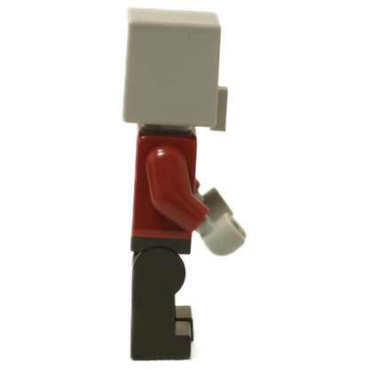 Minecraft pillager minifigure side view with gray head red torso and black legs

