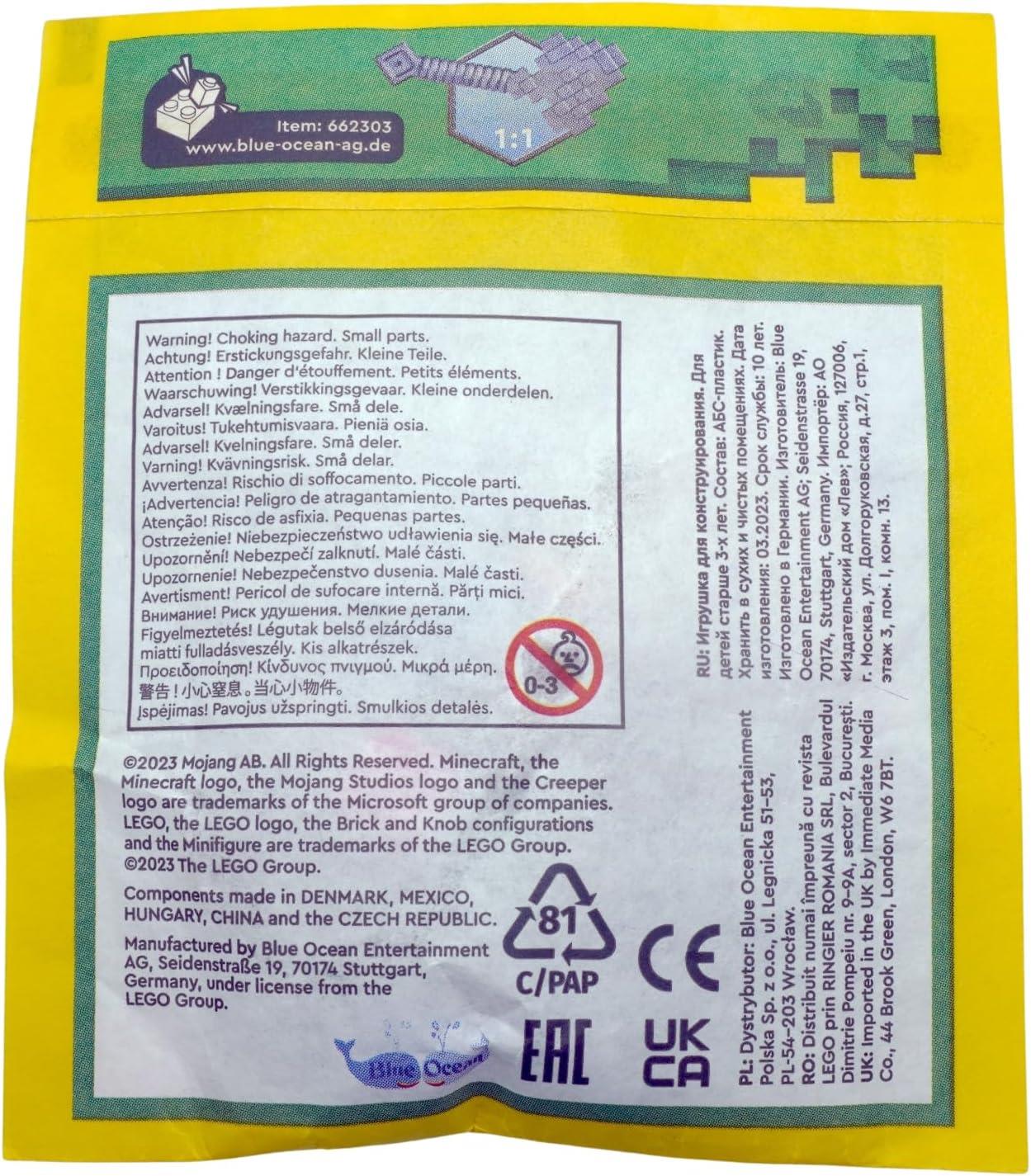 Back view of LEGO® Minecraft Adventurer Castaway and Axolotl paperbag set 662303 packaging