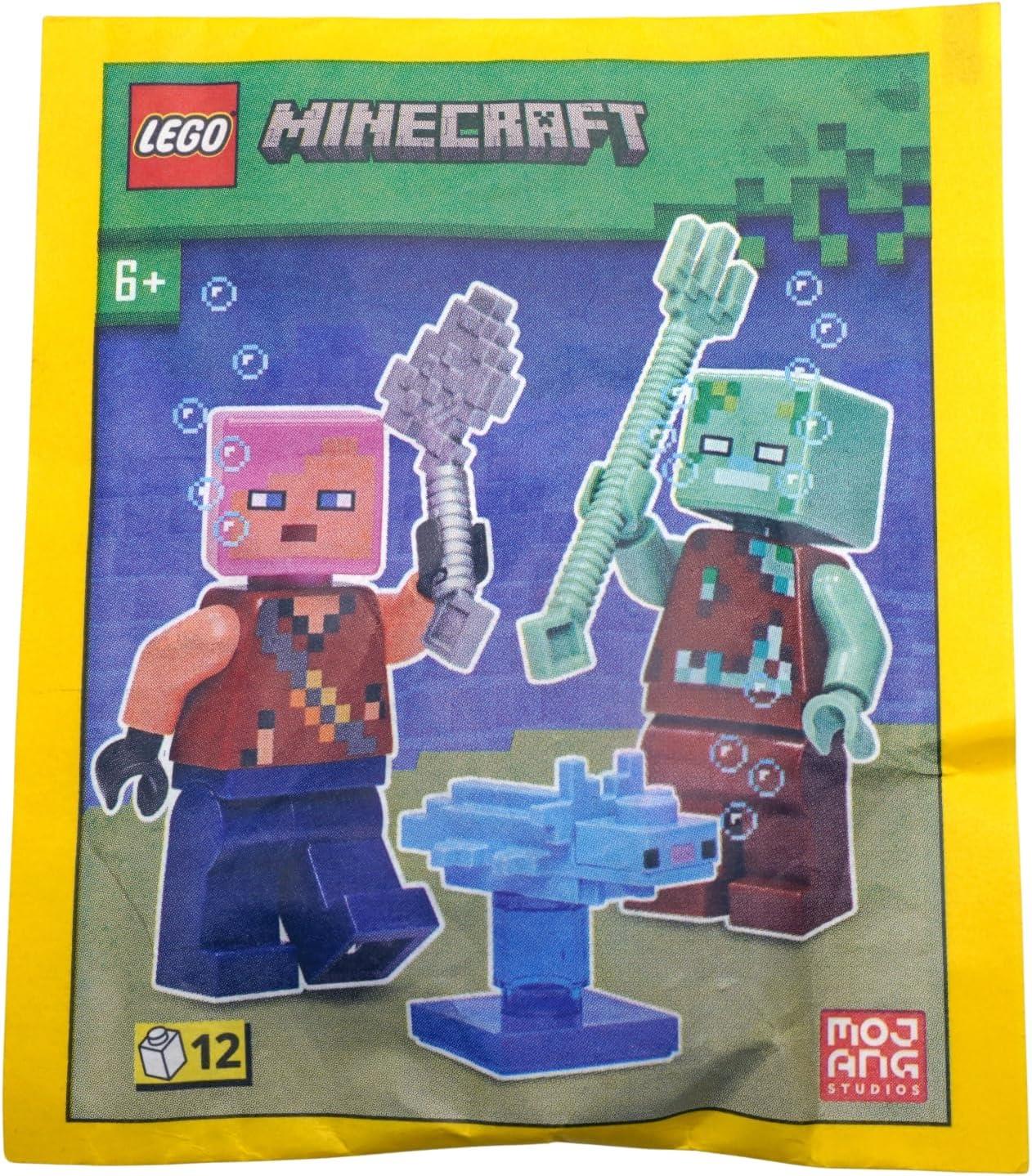 LEGO Minecraft paper bag featuring an adventurer, a castaway, and an axolotl in vibrant colors.