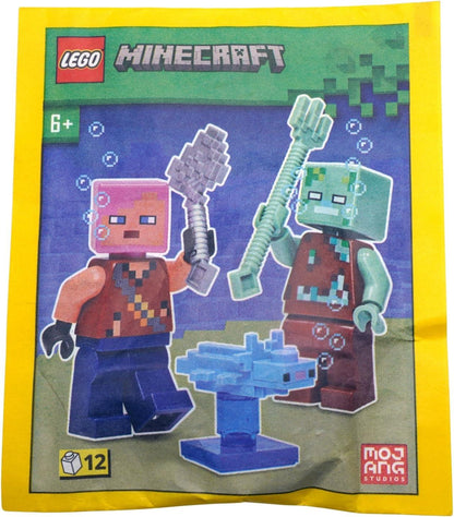 LEGO Minecraft paper bag featuring an adventurer, a castaway, and an axolotl in vibrant colors.