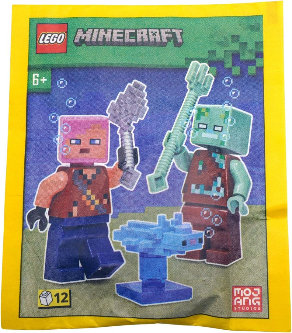 LEGO Minecraft paper bag featuring an adventurer, a castaway, and an axolotl in vibrant colors.