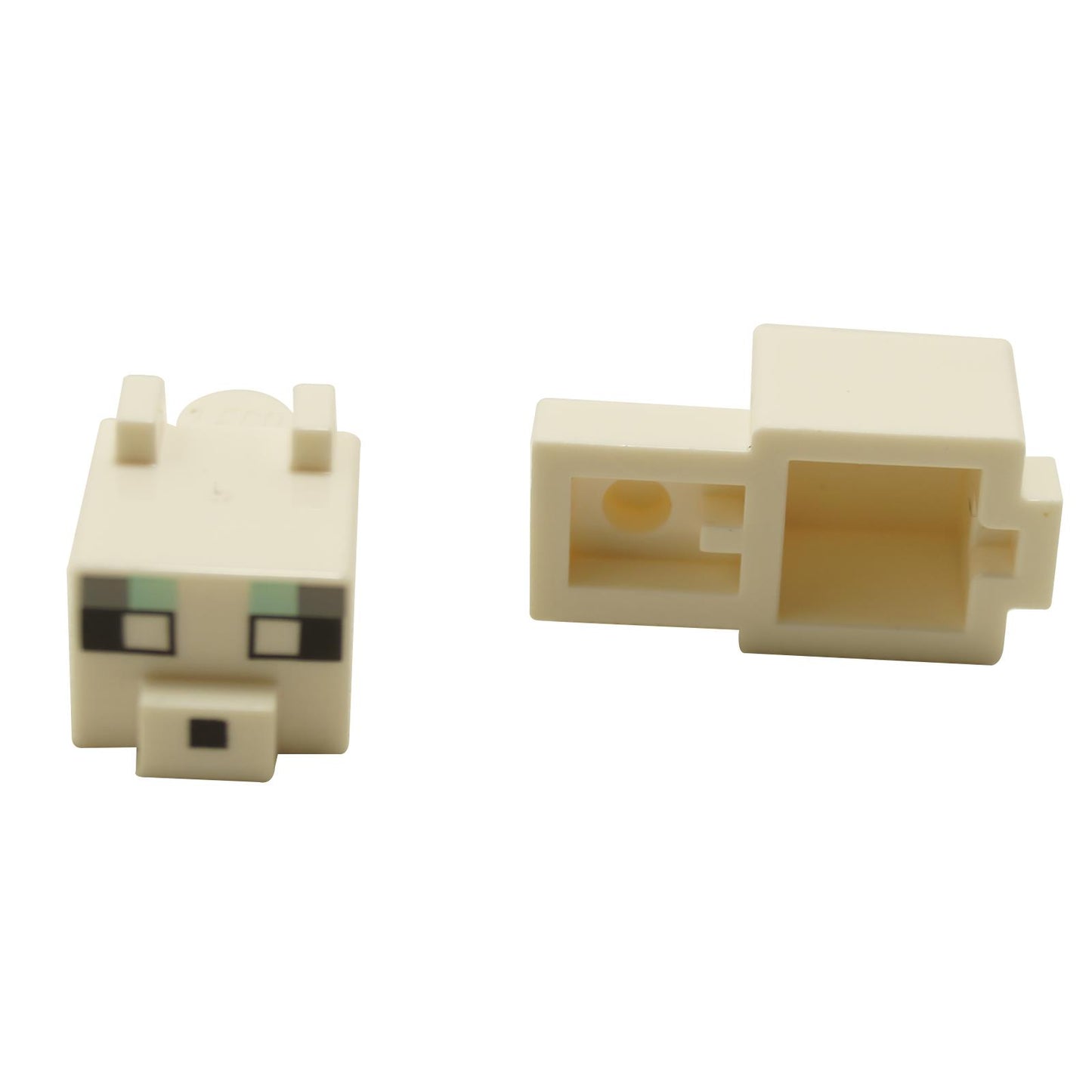 LEGO Minecraft Arctic Fox head with pixelated design, featuring white eyes, dark bluish gray and light aqua eyebrows, and a black nose.