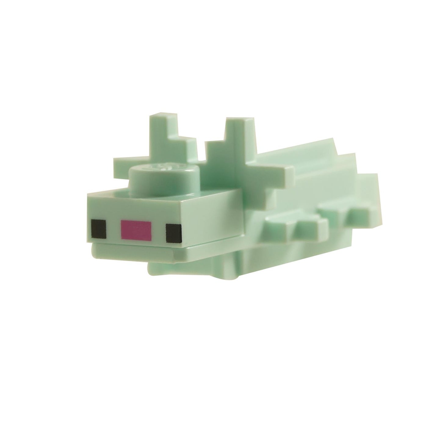LEGO Minecraft axolotl in light aqua with dark pink nose, featuring blocky body shape and small side gills, element mineaxolotl04
