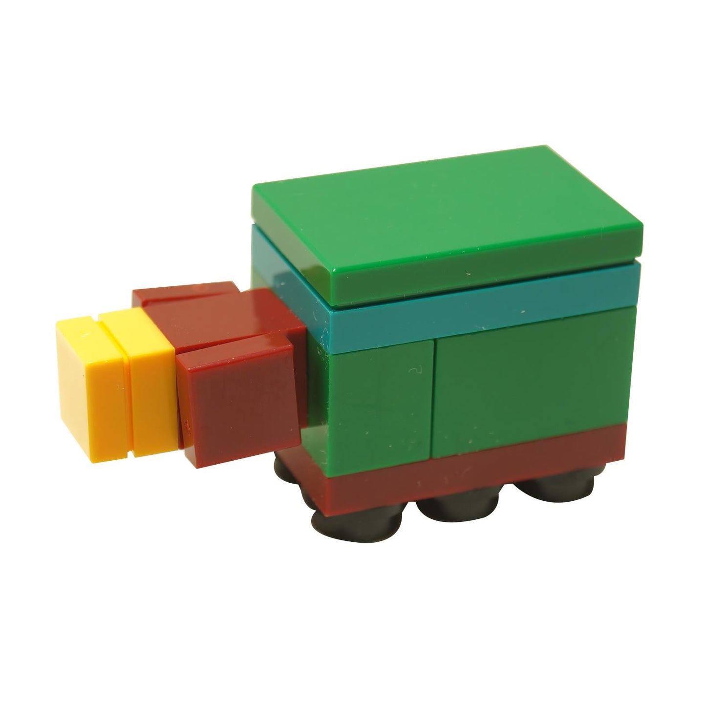 A LEGO Minecraft Baby Sniffer constructed from multicolored bricks, featuring a green body with red and yellow accents.