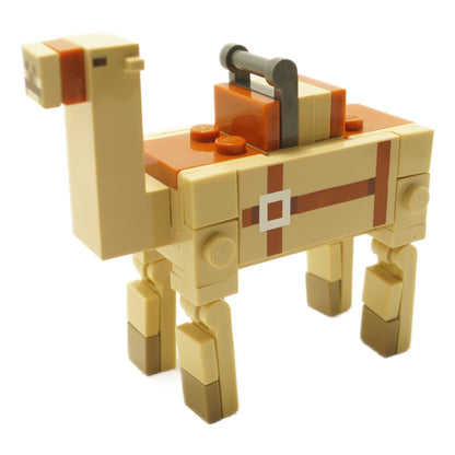 Angled view of LEGO Minecraft brick-built camel version 2 with tan body, long neck, printed saddle detail, and blocky pixel-style design