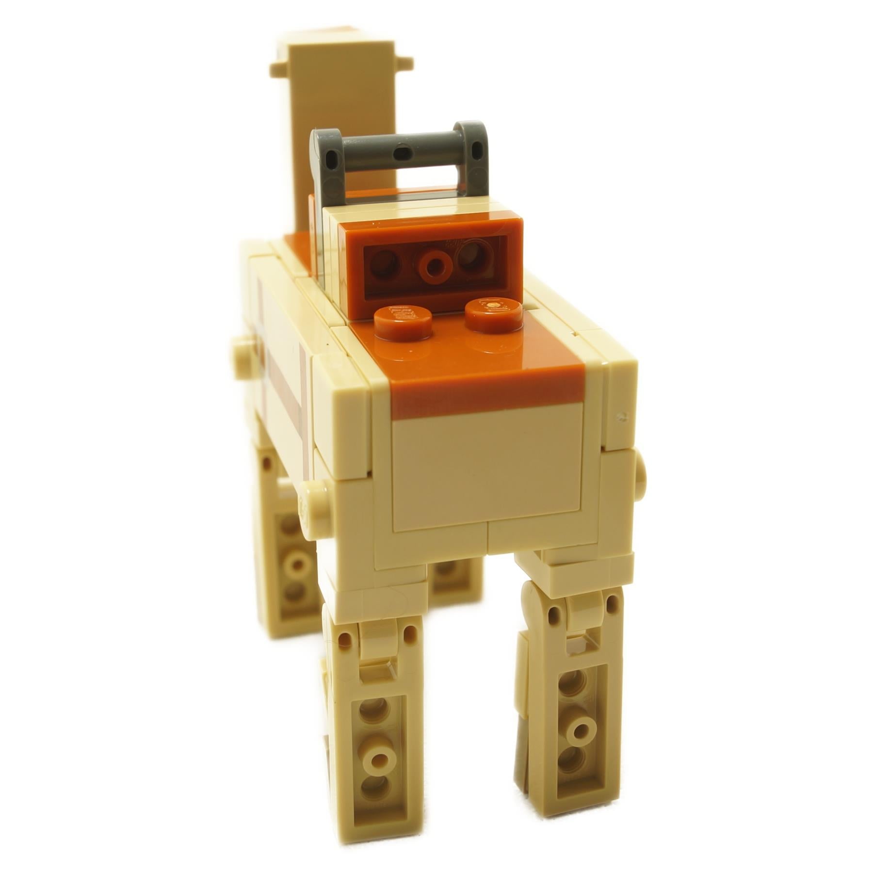 Rear view of LEGO Minecraft brick-built camel version 2 showing tan body, orange saddle section, and articulated block-style legs
