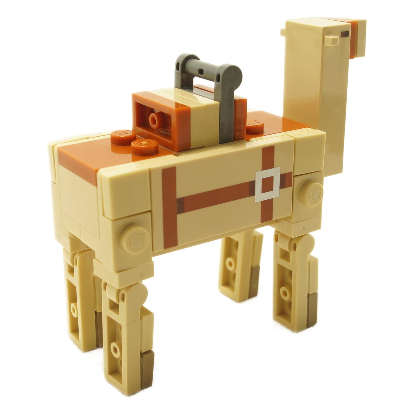 Side view of LEGO Minecraft brick-built camel version 2 featuring tan body, orange saddle block with gray handle, and articulated block-style legs