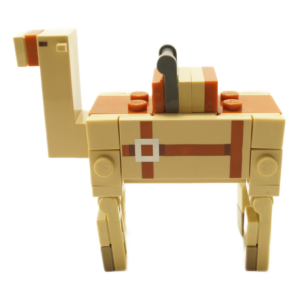 LEGO Minecraft brick-built camel version 2 featuring tan body, long neck, printed saddle detail, and blocky pixel-style design